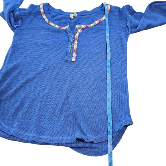 Free People Womens Blue Waffle Knit Henley Top With Embroidered Trim Size S - Picture 6 of 8